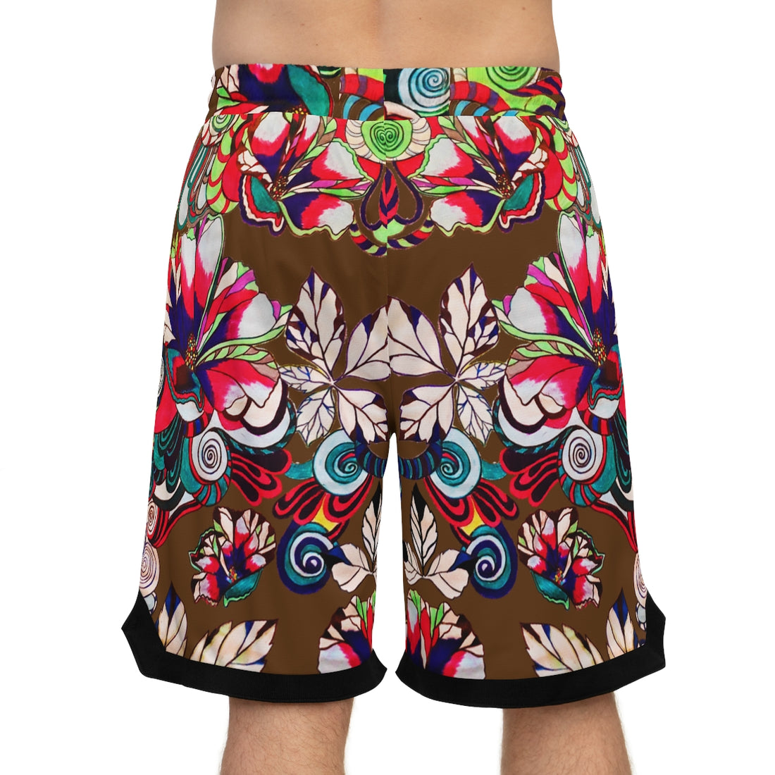 brown graphic floral print basketball shorts for men