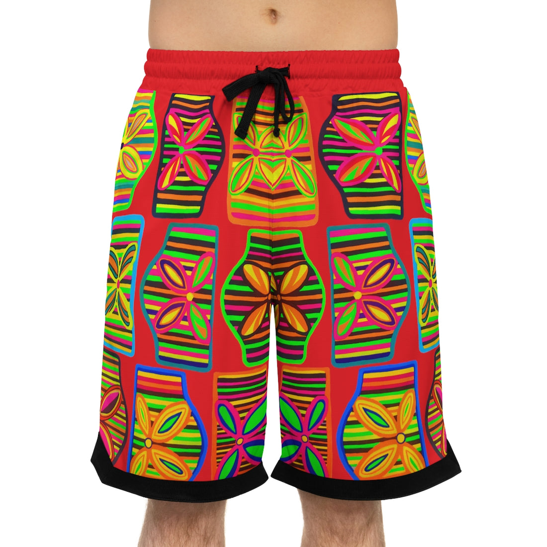 red art deco print basketball shorts for men