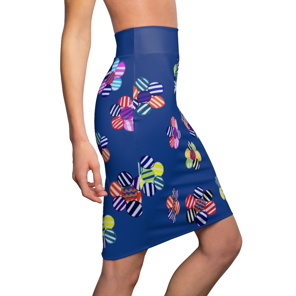 Blue Candy Florals Print Pencil Skirt