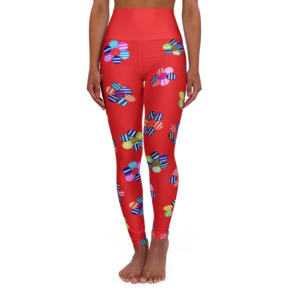 red geometric floral printed yoga leggings 