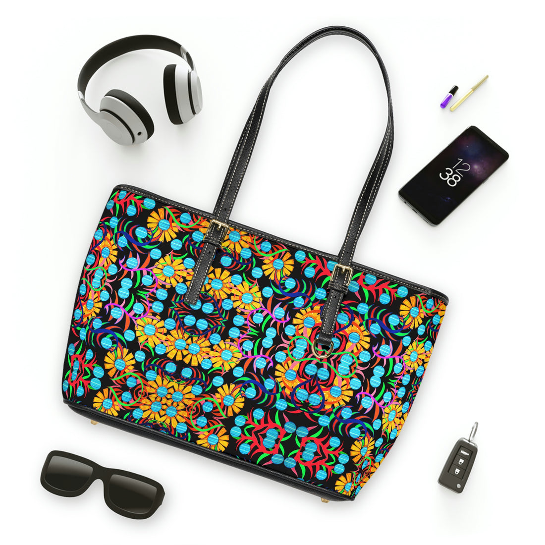 black sunflower  print pu leather zipper tote bag