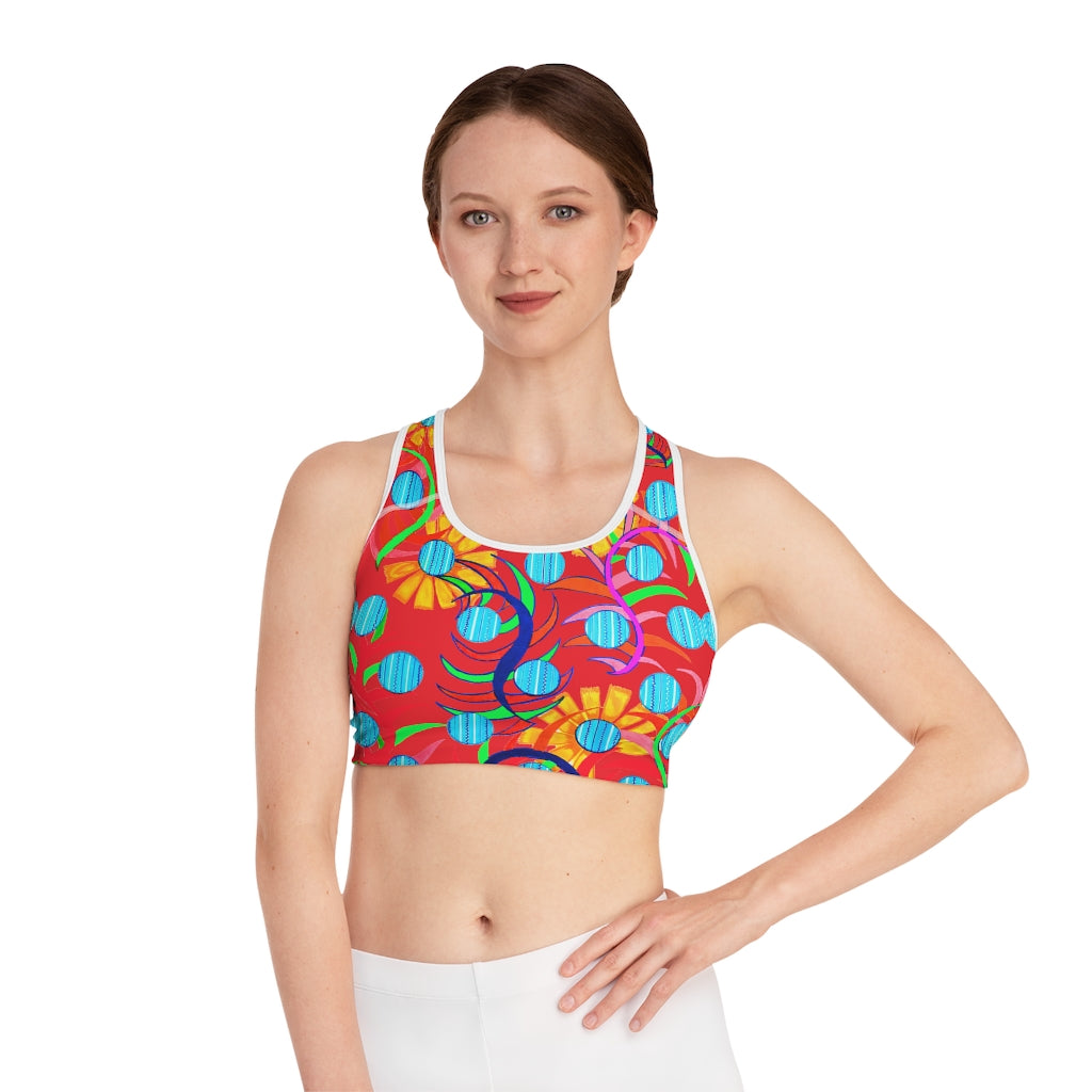 scarlet sunflower print sports bra