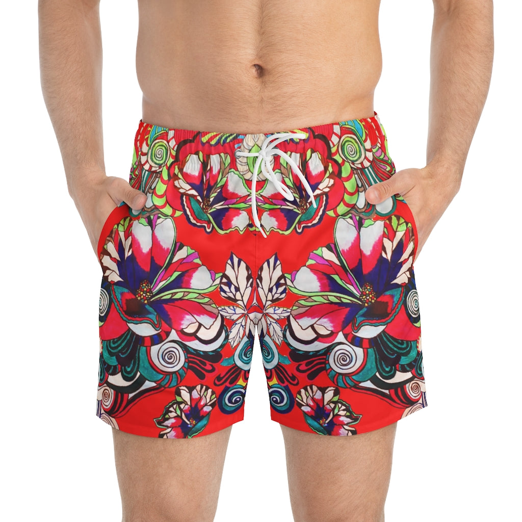 red Graphic floral print men's swimming trunks by labelrara