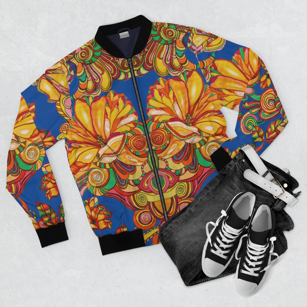 blue men's wear bomber jacket in artsy floral print