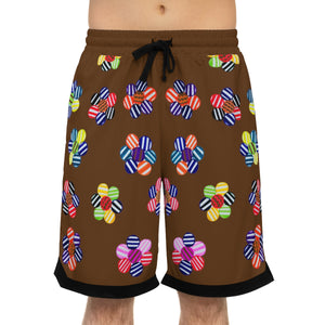 brown geometric floral print basketball shorts for men