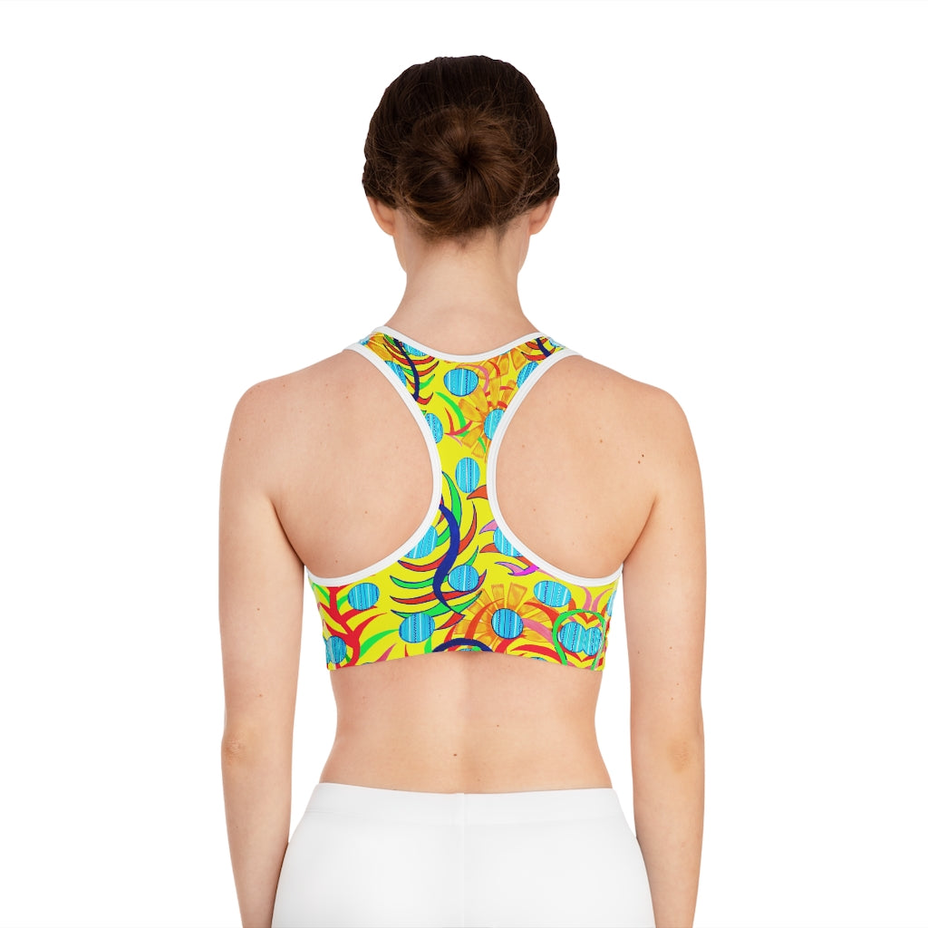 canary sunflower print sports bra