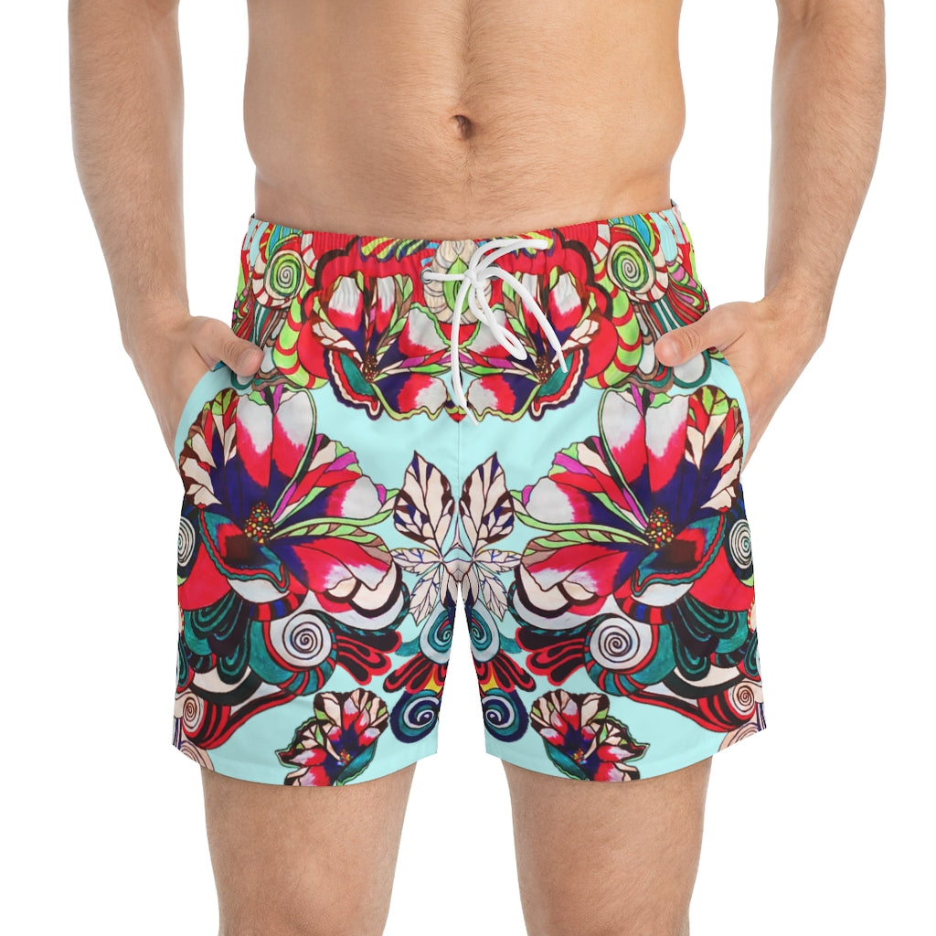 icy blue Graphic floral print men's swimming trunks by labelrara