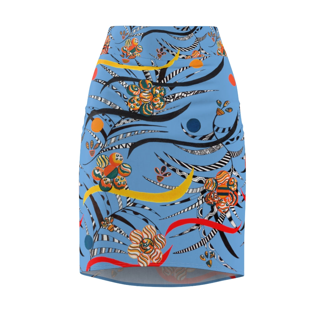 sky blue floral & animal print pencil skirt