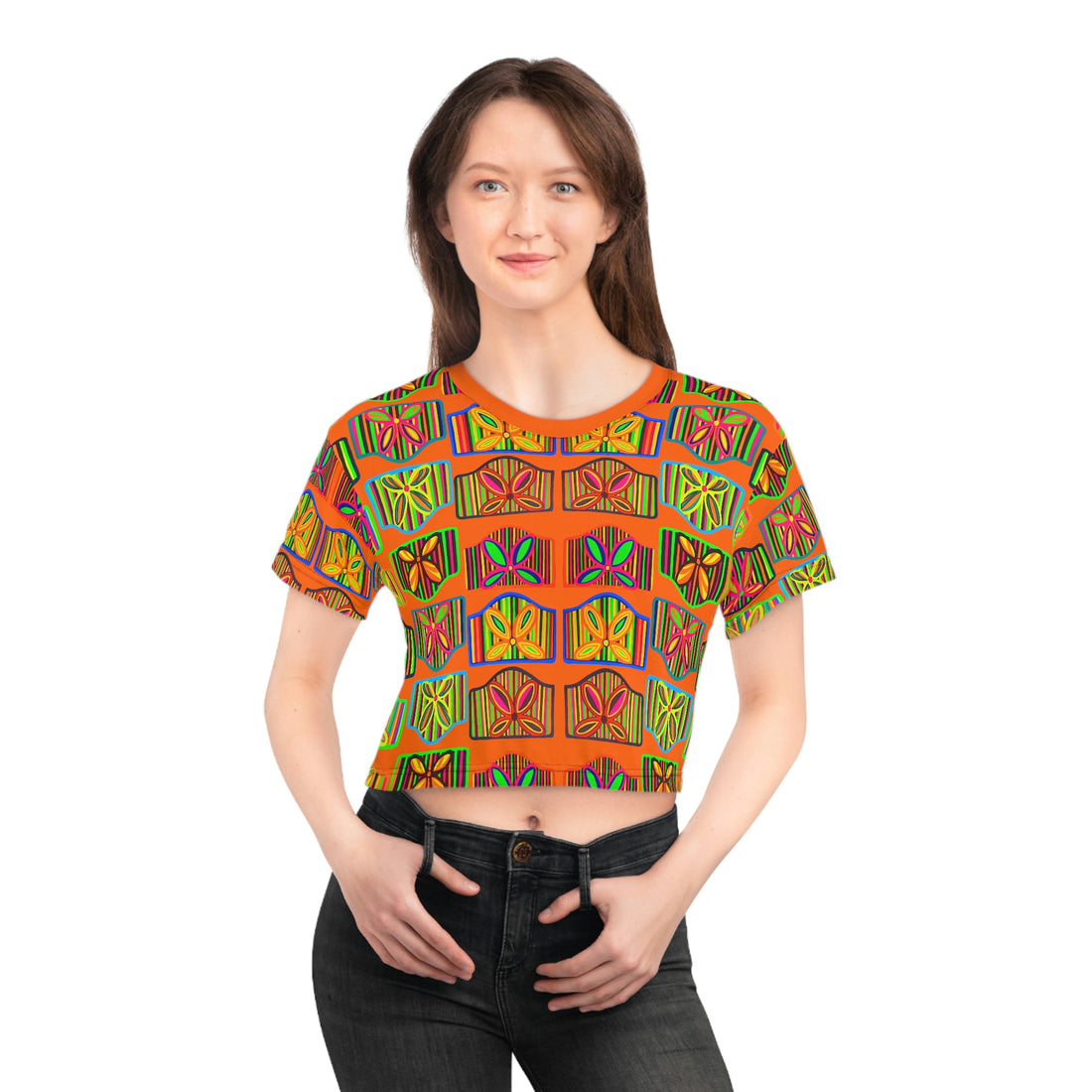 Orange Deco Print AOP Crop Tee