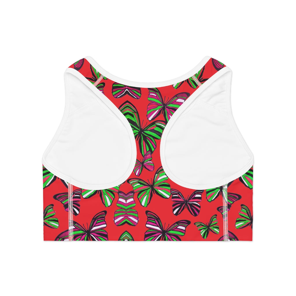 red butterfly print sports bra