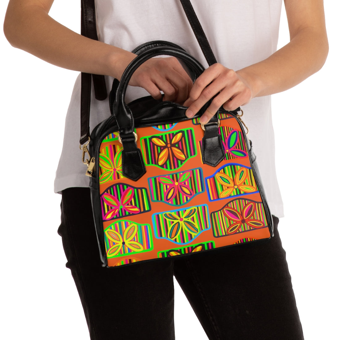 orange art deco print pu leather handbag