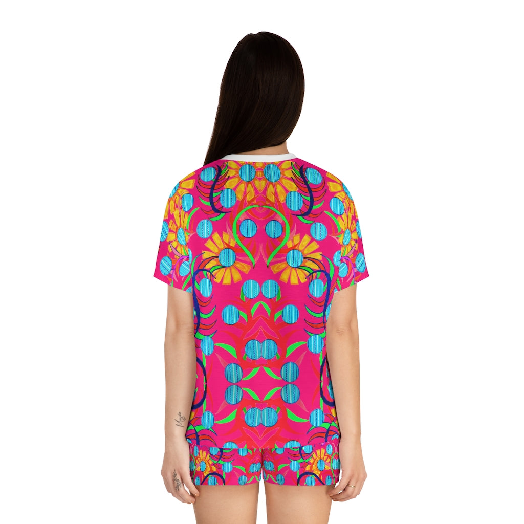 Hot Pink Sunflower Short Pajama Set (AOP)