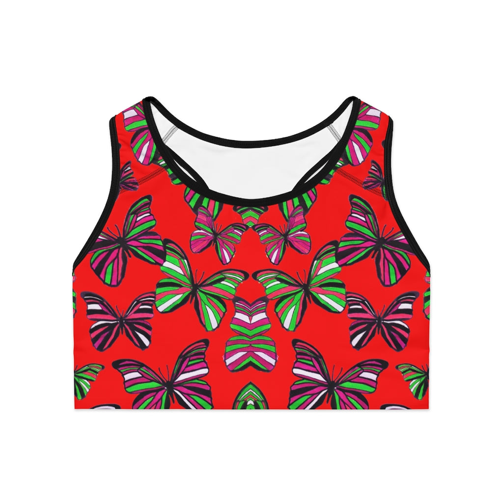 Sporty Red Butterfly (AOP) Sports Bra