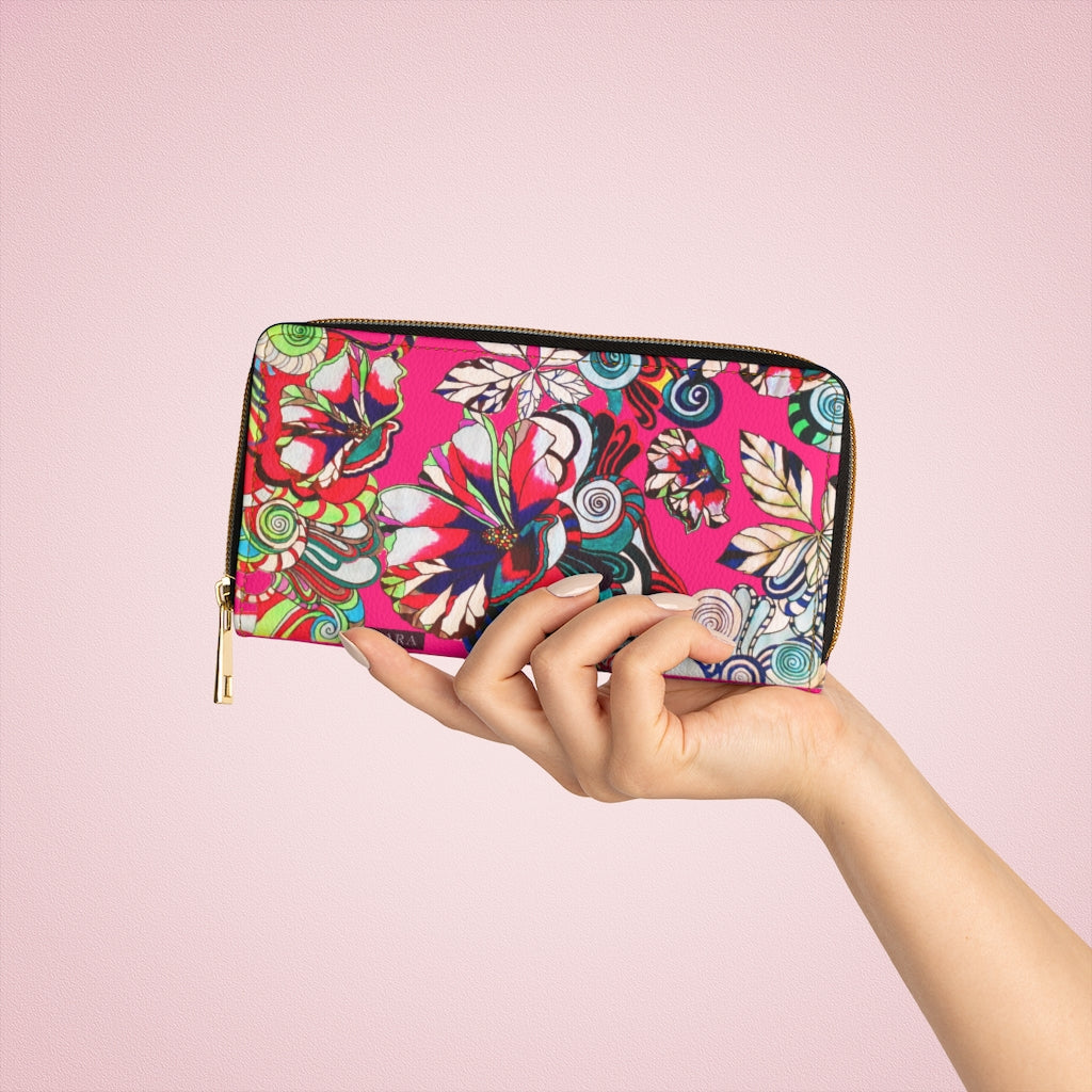 hot pink graphic floral pop wallet