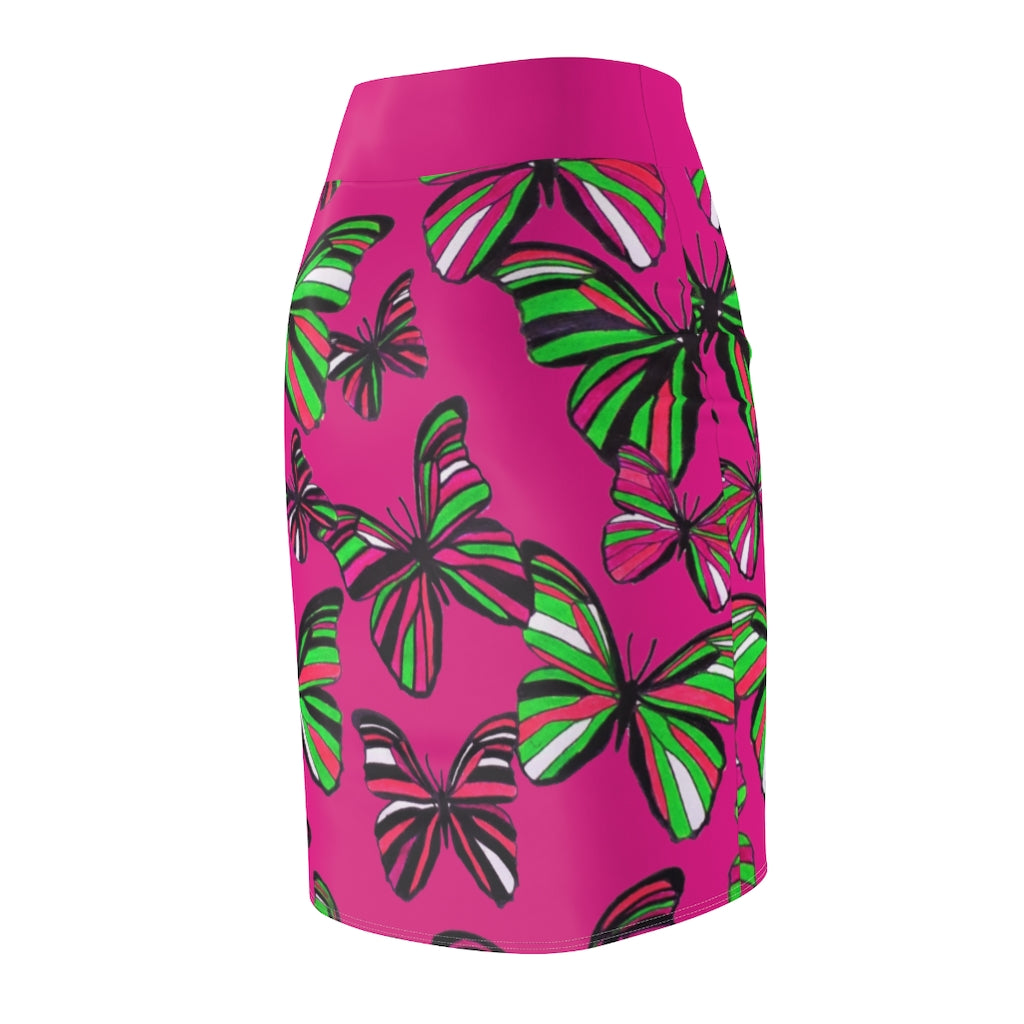 Hot Pink Butterflies Pencil Skirt