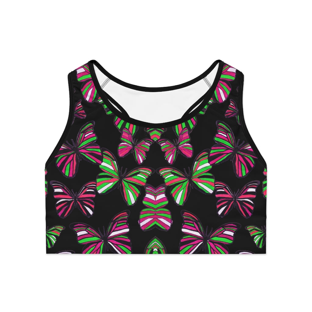 black butterfly print sports bra