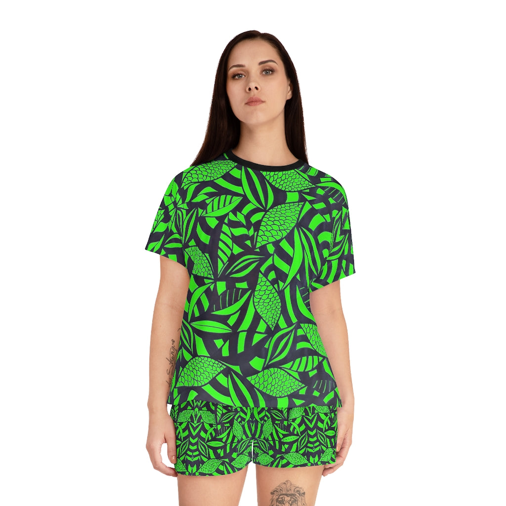 Neon Green Tropical Minimalist Short Pajama Set (AOP)