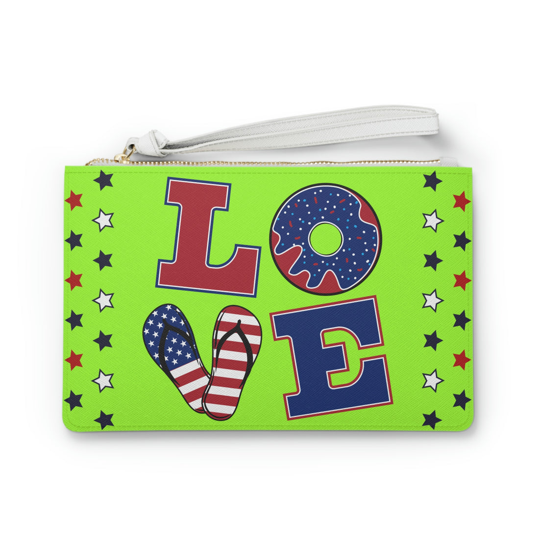 lime green clutch bag with love typography in american flag colours 