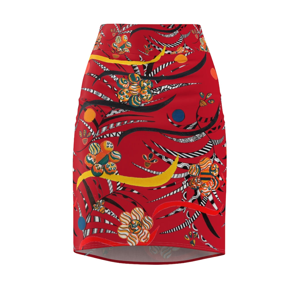 deep red floral & animal print pencil skirt