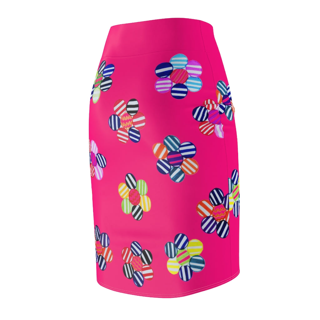 Hot Pink Candy Florals Print Pencil Skirt