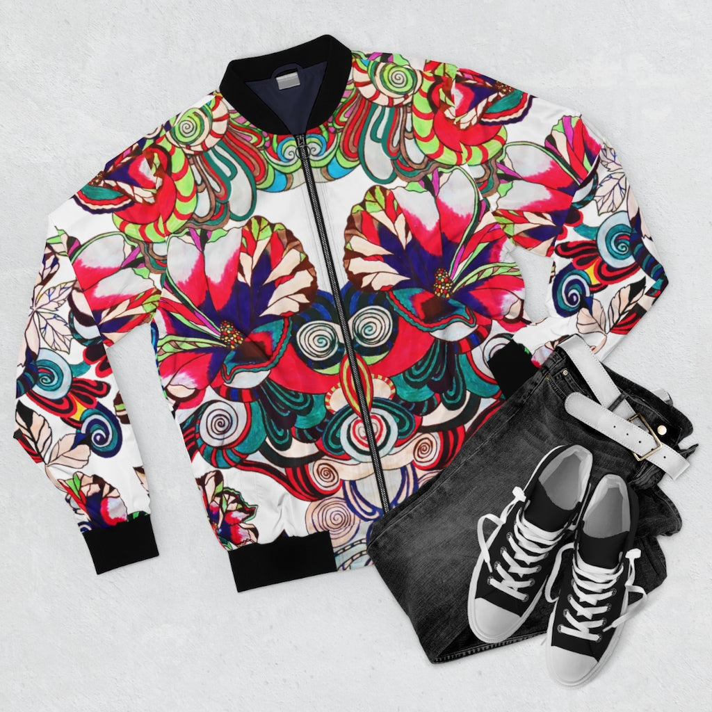 white graphic floral pop bomber jacket