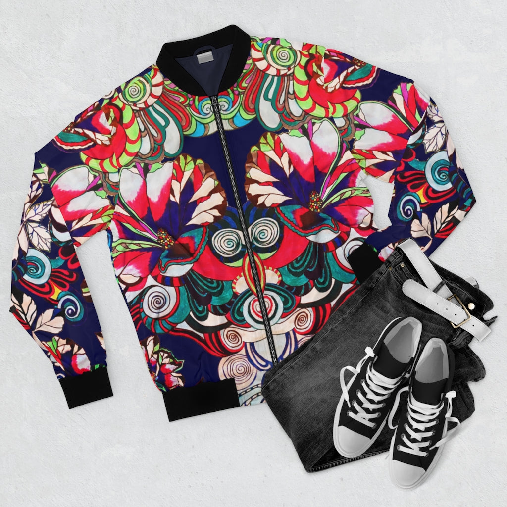 ink blue graphic floral men's bomber jacket