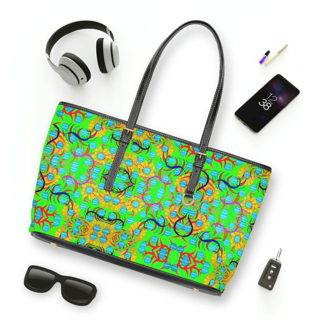 Neon Green Sunflower PU Leather Shoulder Bag