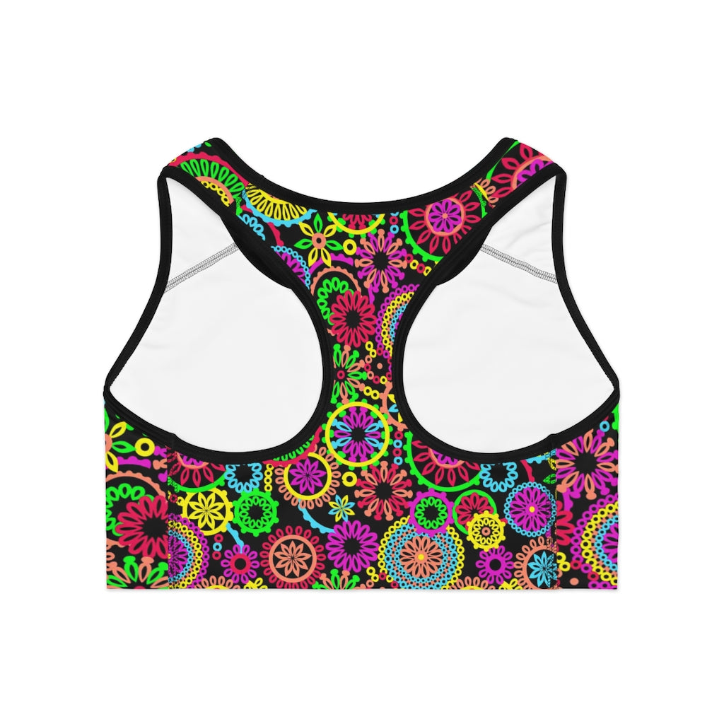 Black 70's Vibe Print (AOP) Sports Bra