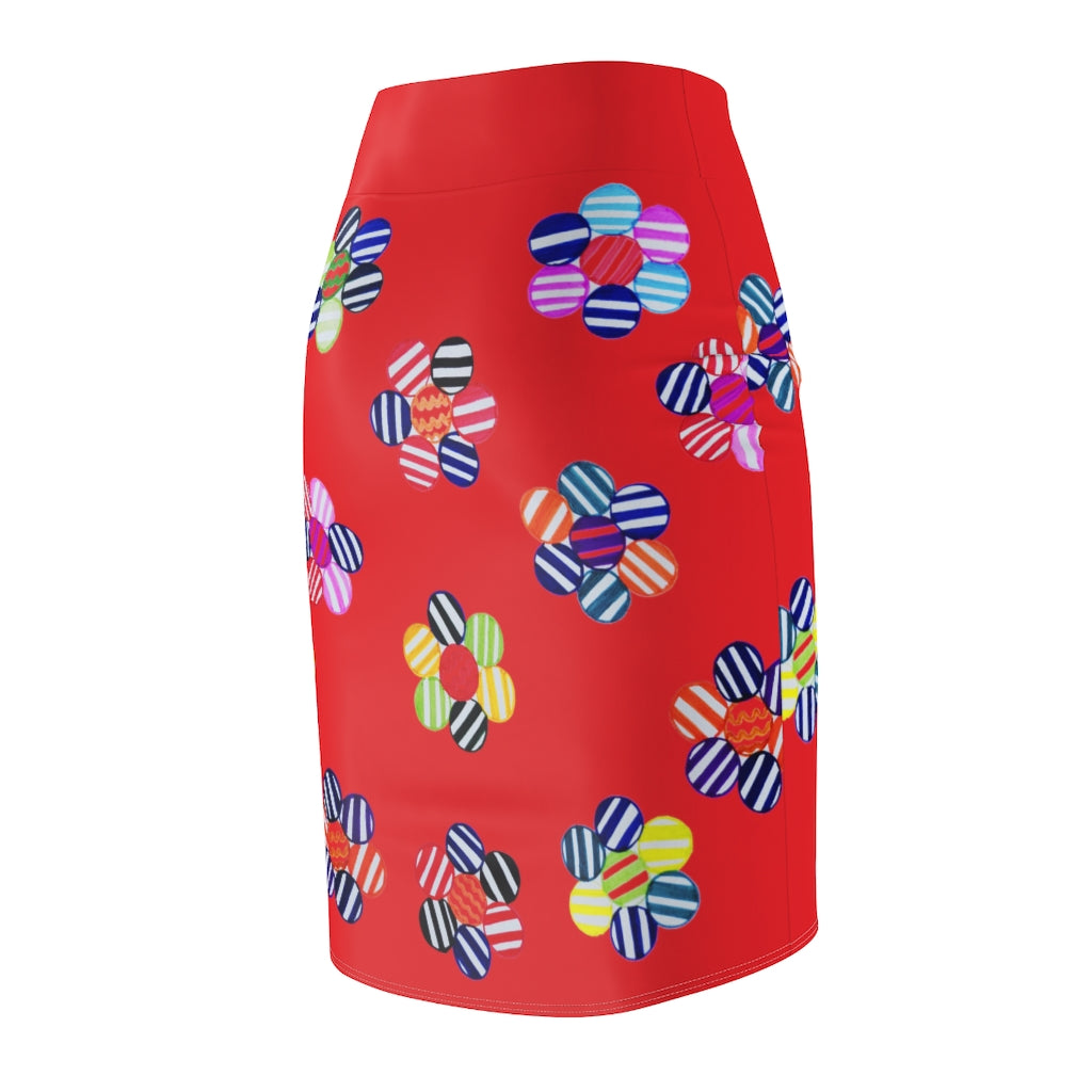 Red Candy Florals Print Pencil Skirt