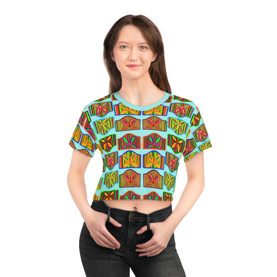 icy blue art deco cropped tee for women
