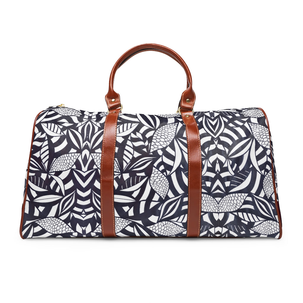 leaves tropical print white waterproof duffel bag used for travelling