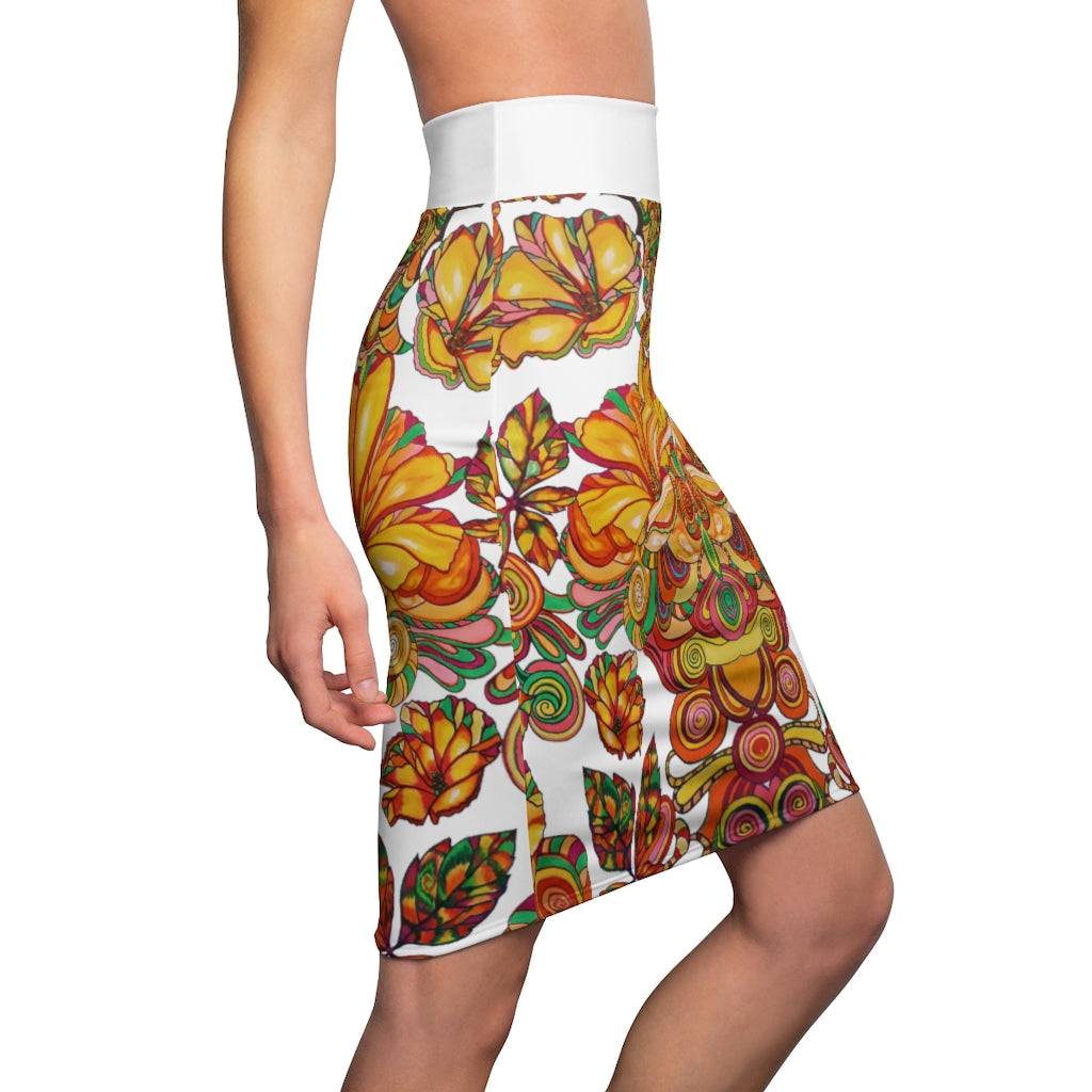 Artsy Floral White Pencil Skirt