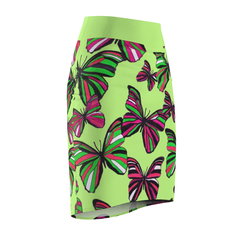 Lime Butterflies Pencil Skirt