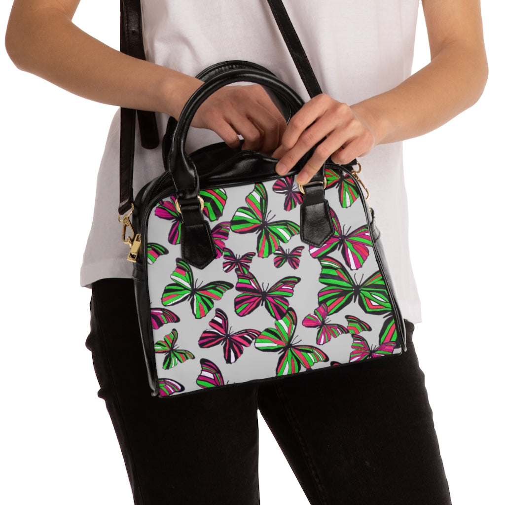 slate grey butterfly print handbag