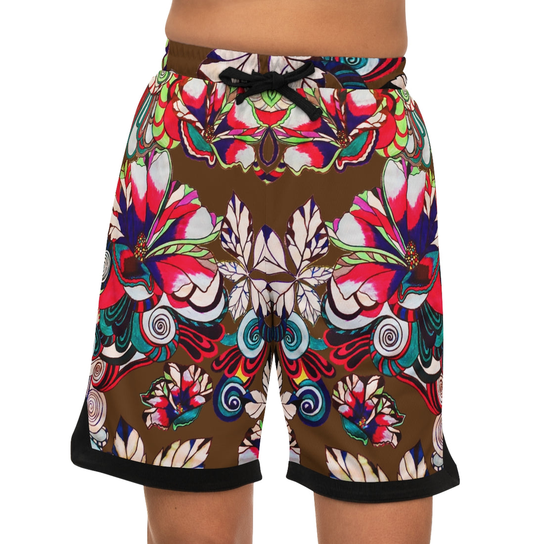 Brown Graphic Floral Basketball Rib Shorts (AOP)