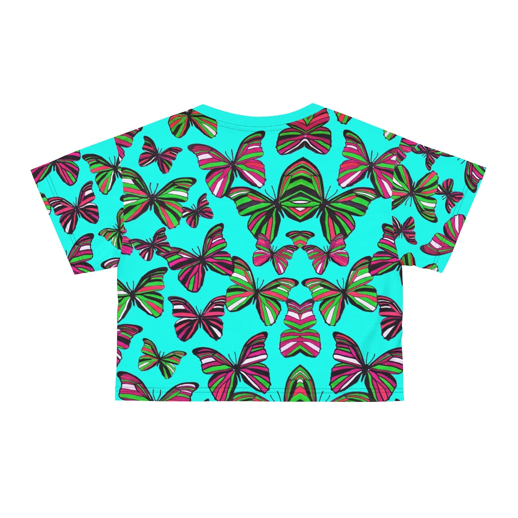 cyan butterfly print crop t-shirt