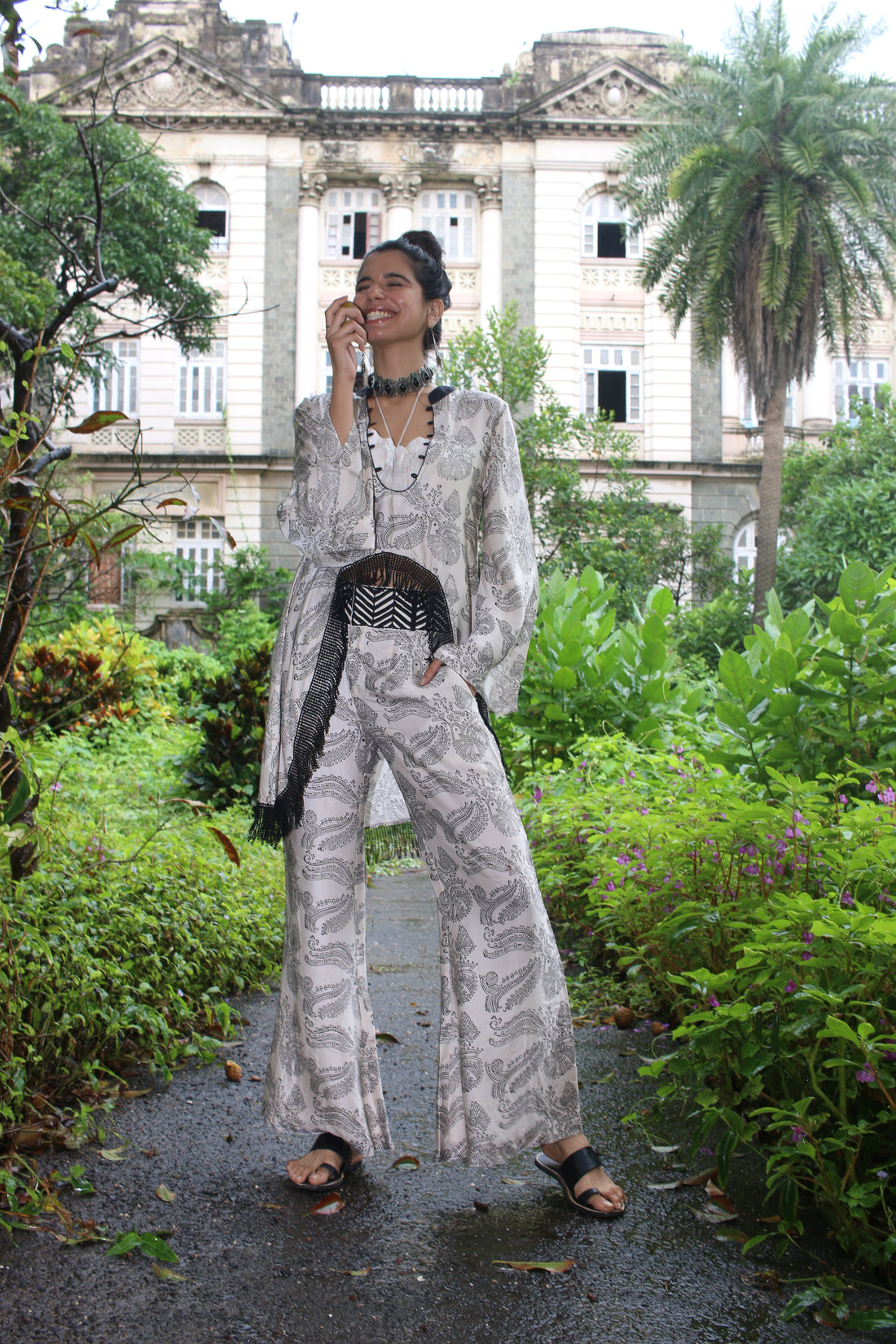 White silk block printed trouser, crop top & tunic set