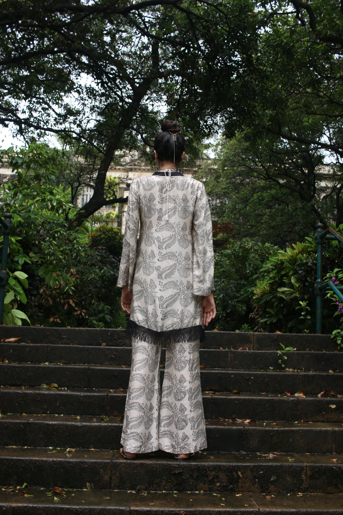 White silk block printed trouser, crop top & tunic set