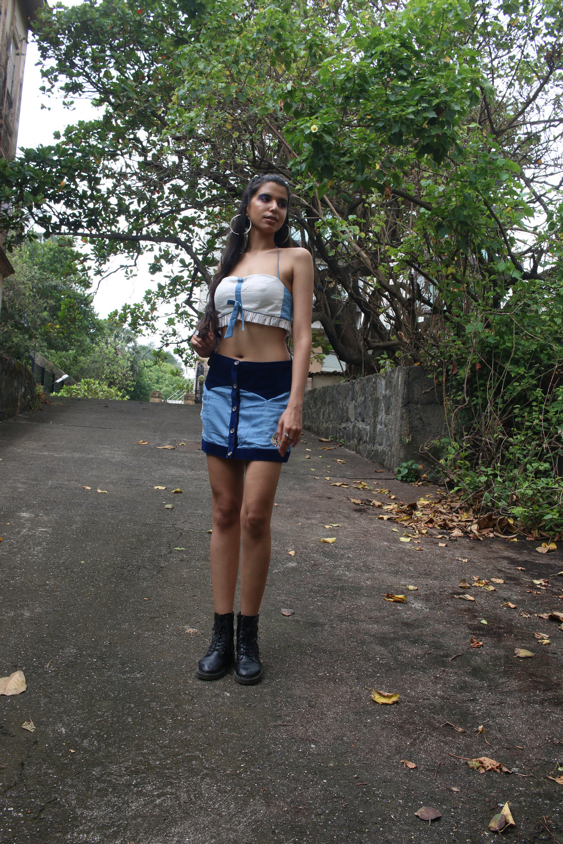 blue denim courdroy embroidered skirt & crop top