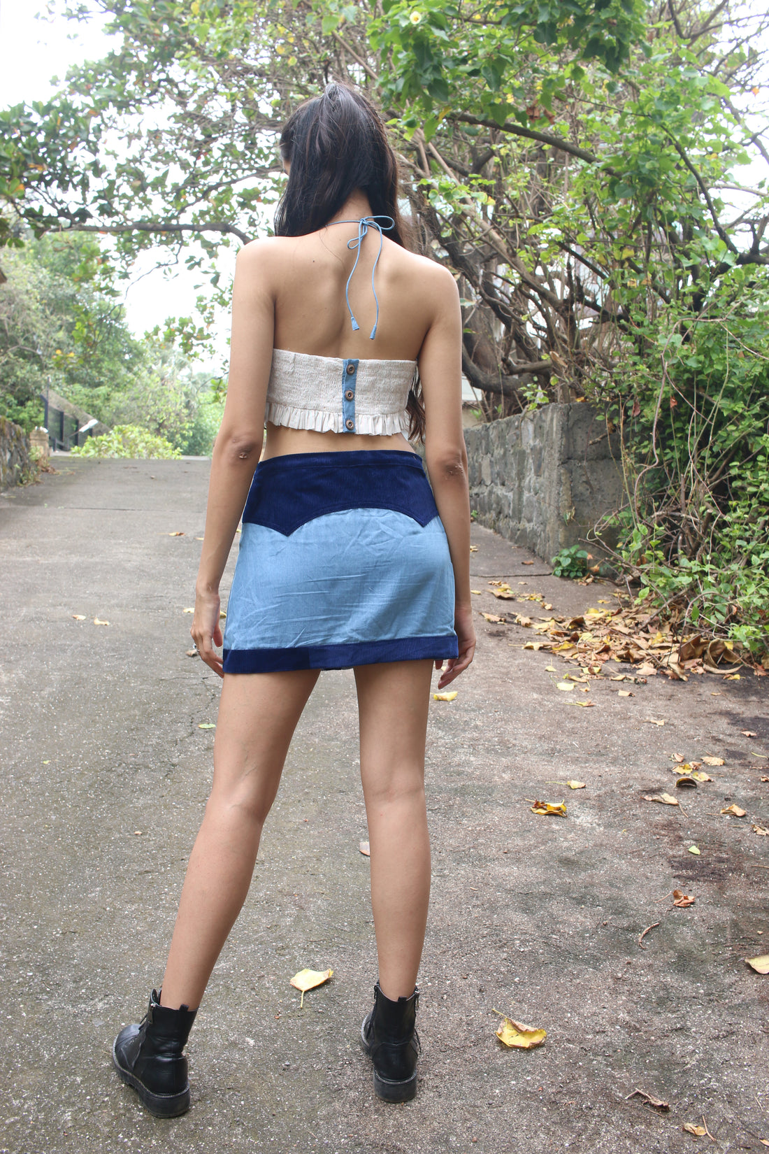 blue denim courdroy embroidered skirt & crop top