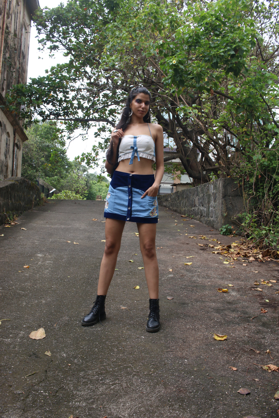 woodstock fashion inspired blue denim courdroy embroidered skirt & crop top