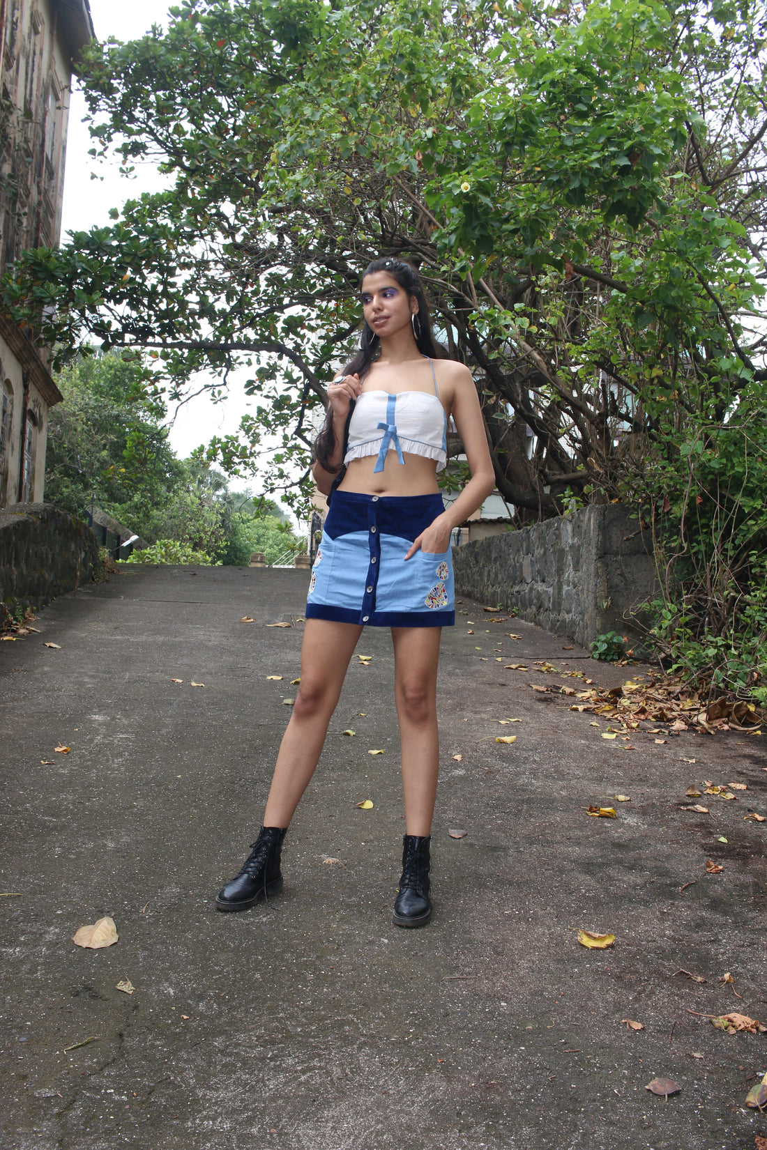 blue denim courdroy embroidered skirt & crop top