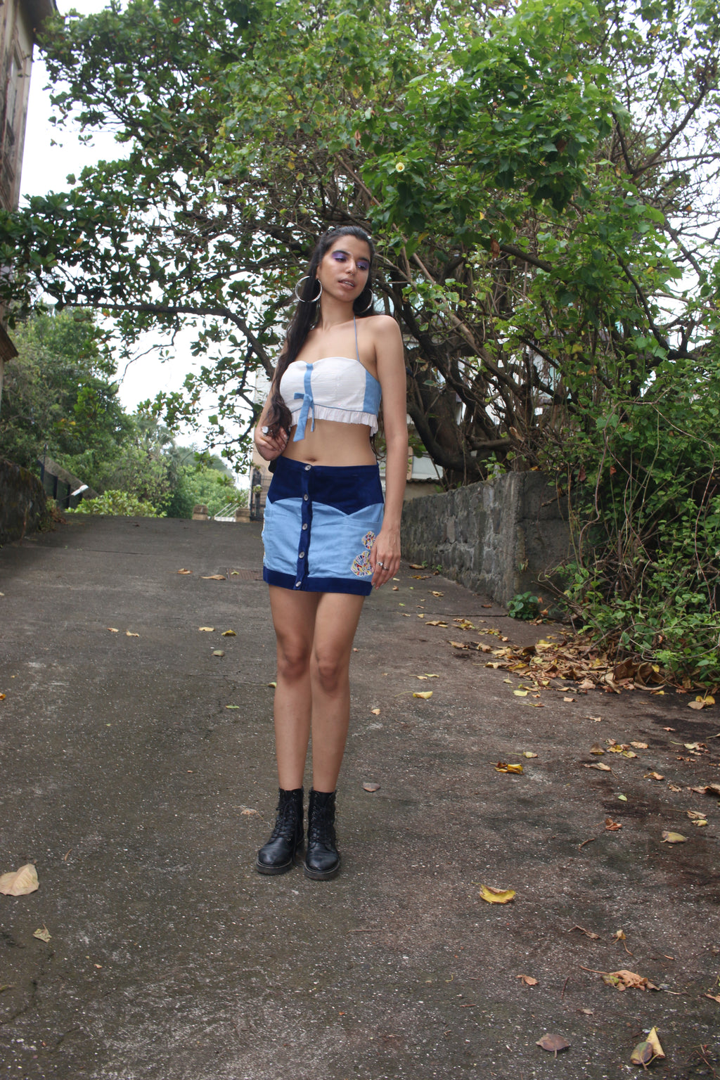 woodstock inspired blue denim courdroy embroidered skirt & crop top