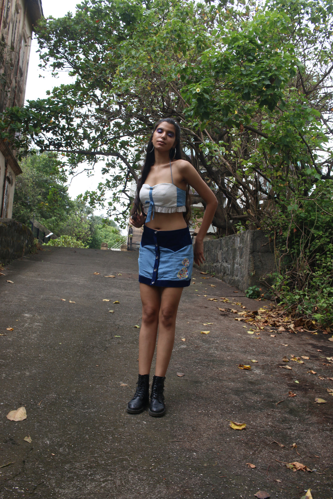 blue denim courdroy embroidered skirt & crop top