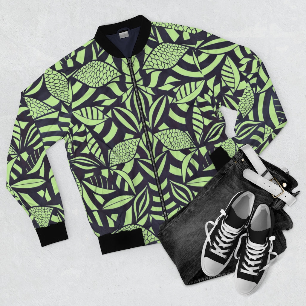 lime green tropical leaves print men's bomber jacket