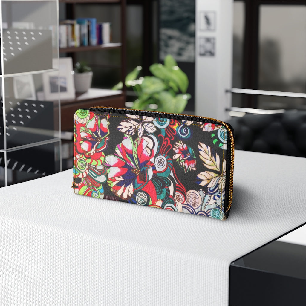 black graphic floral pop wallet