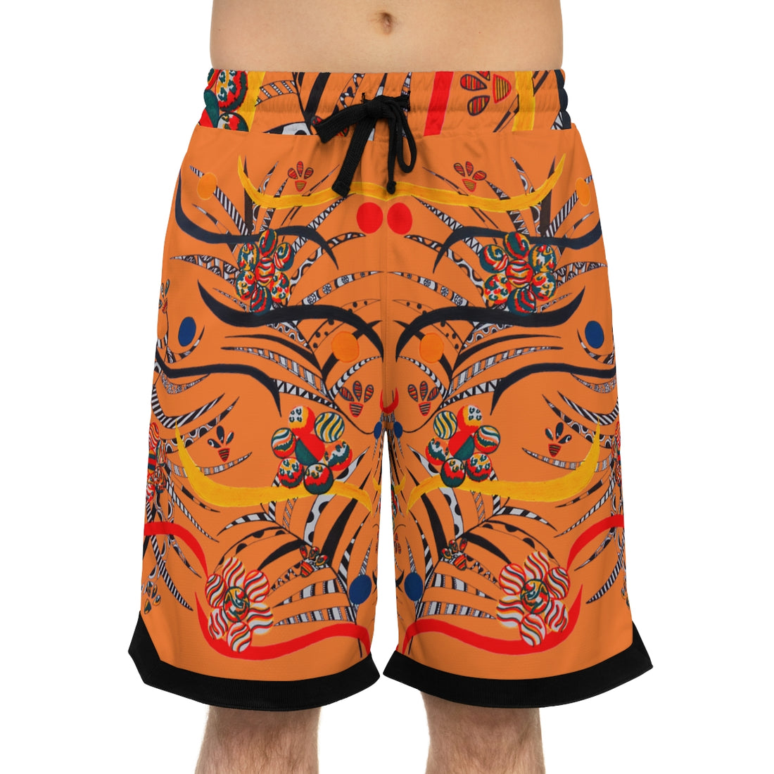 peach jungle and floral print basketball shorts for men