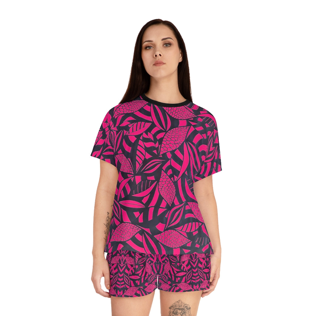 Hot Pink Tropical Minimalist Short Pajama Set (AOP)