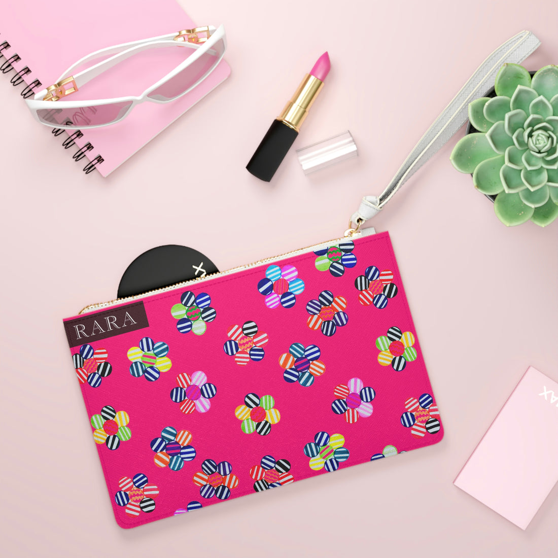 hot pink geometric striped florals print clutch bag