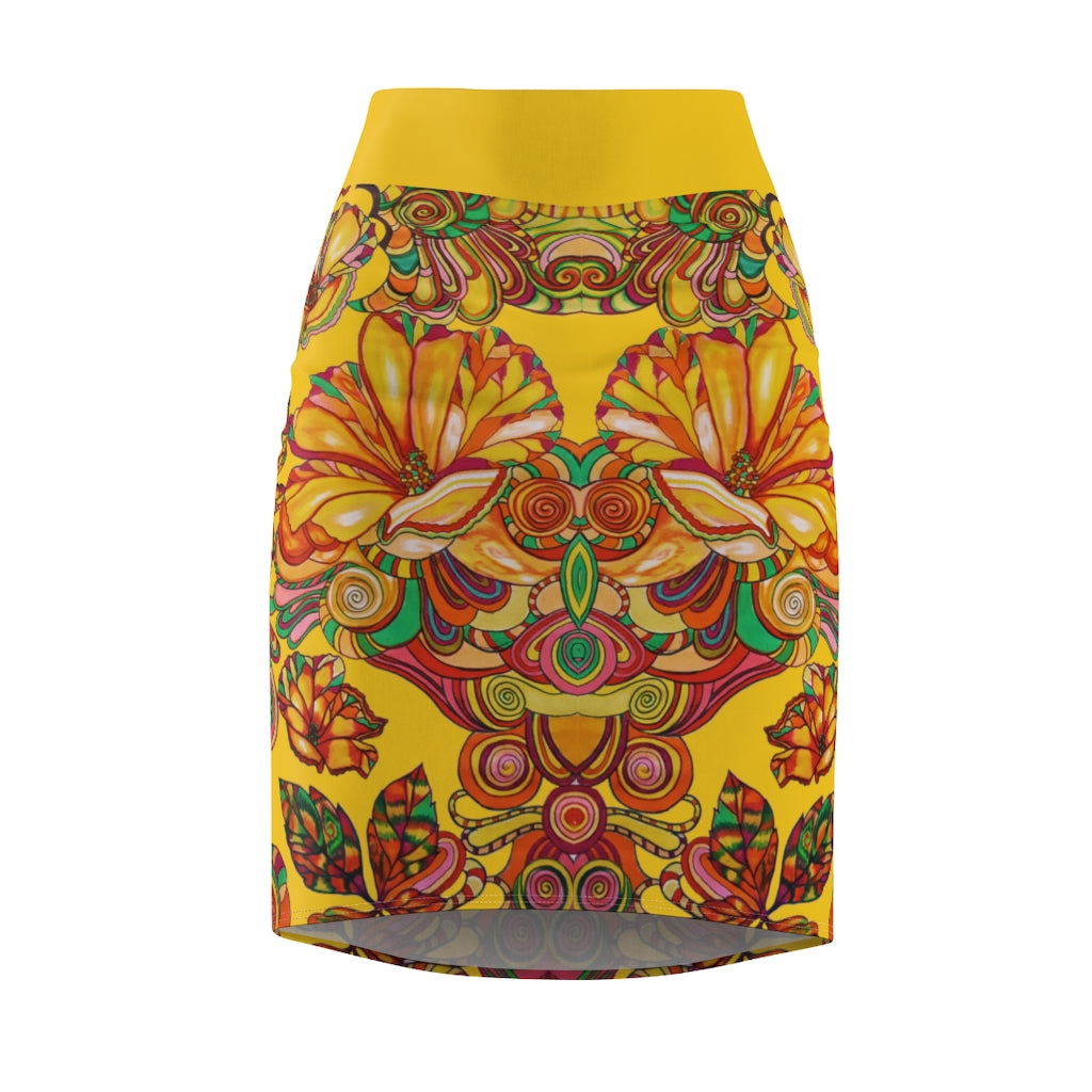 Artsy Floral Yellow Pencil Skirt